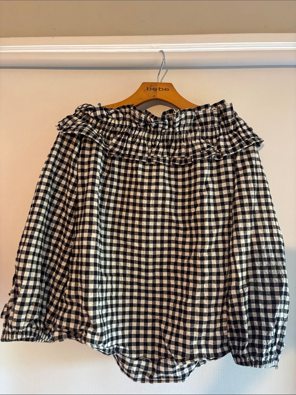 RACHEL Rachel Roy Black & White Gingham Off-Shoulder Ruffle Top